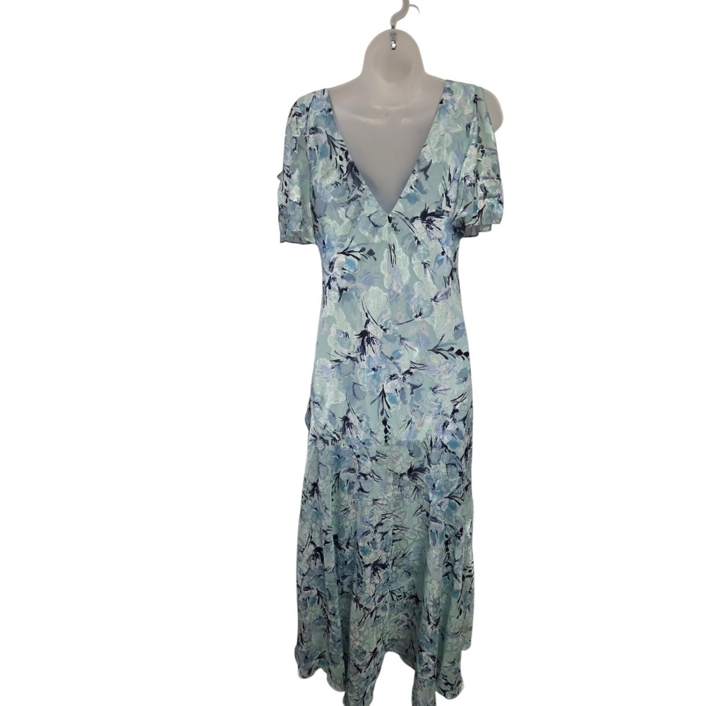 Alex Evenings Floral Jacquard High-Low Midi Dress Mint Blue V-Neck Size 4